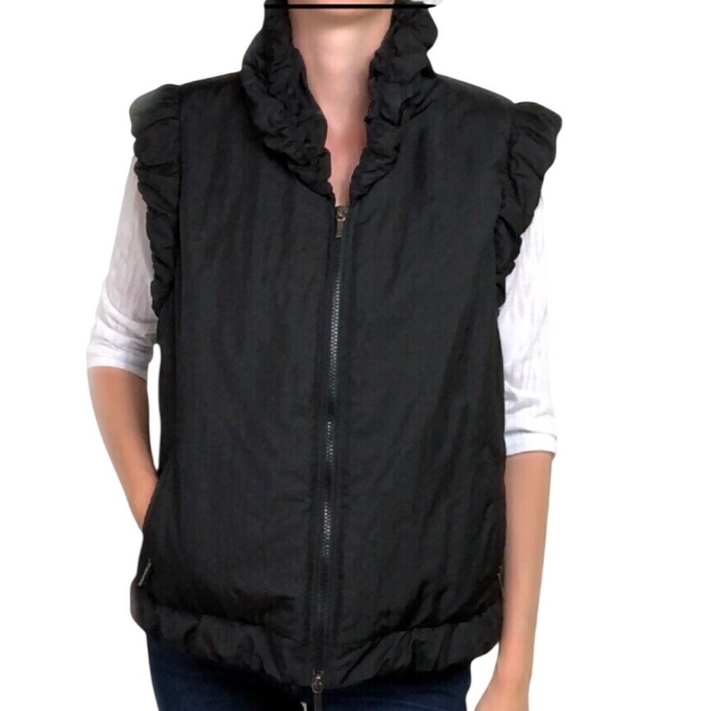 Lafayette 148 New York Vest Womens S Black‎ Ruffle Trim Full Zip Nylon Puffer